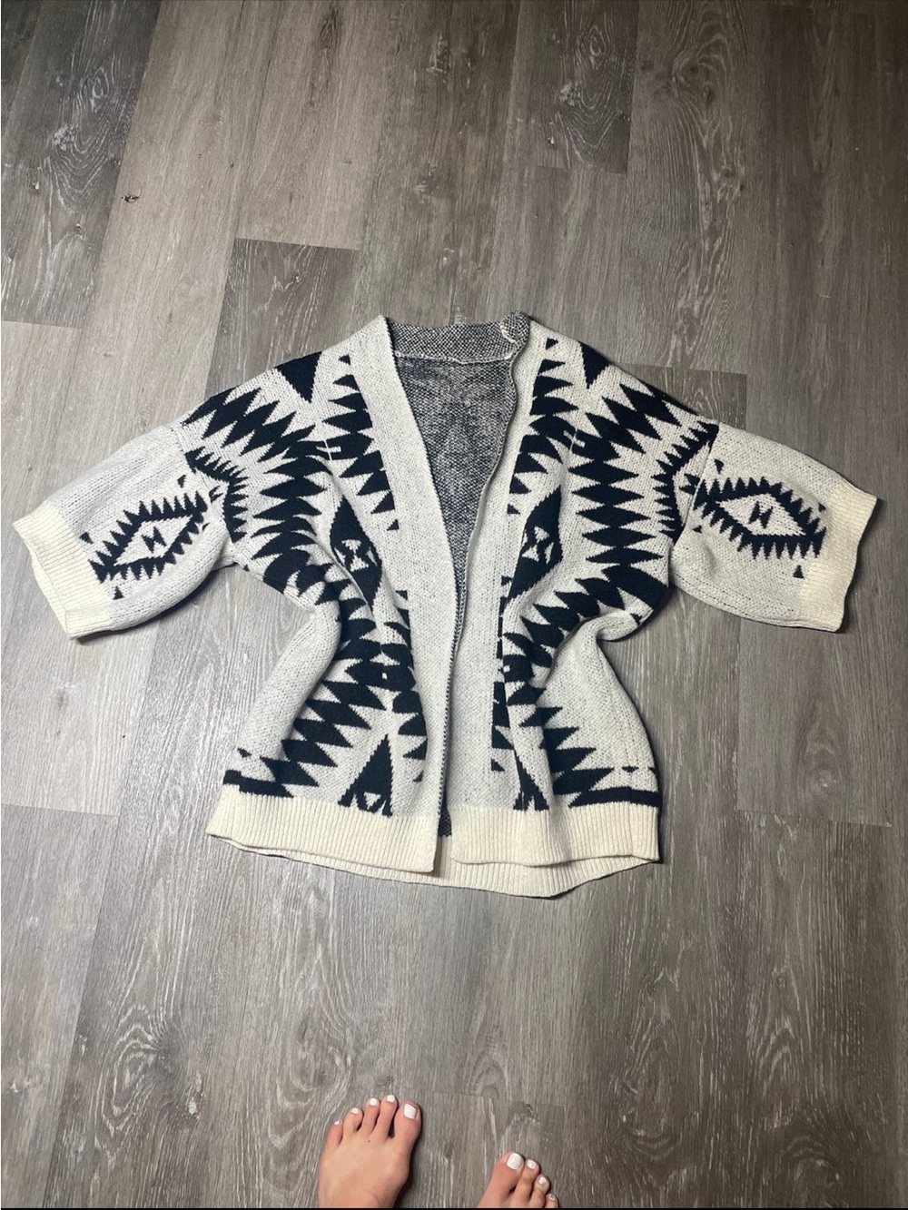Cream and Black Aztec Open-Front Women's Sweater Cardigan